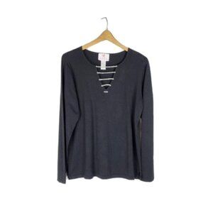 Quacker Factory Rhinestone Ladder Neck Top Long Sleeve Black Cotton Size Medium